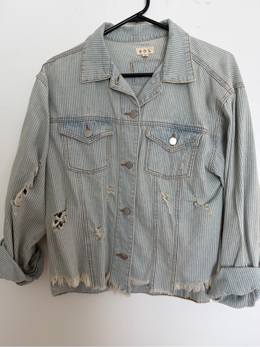 POL Striped Distressed Light Blue Denim shirt Jacket